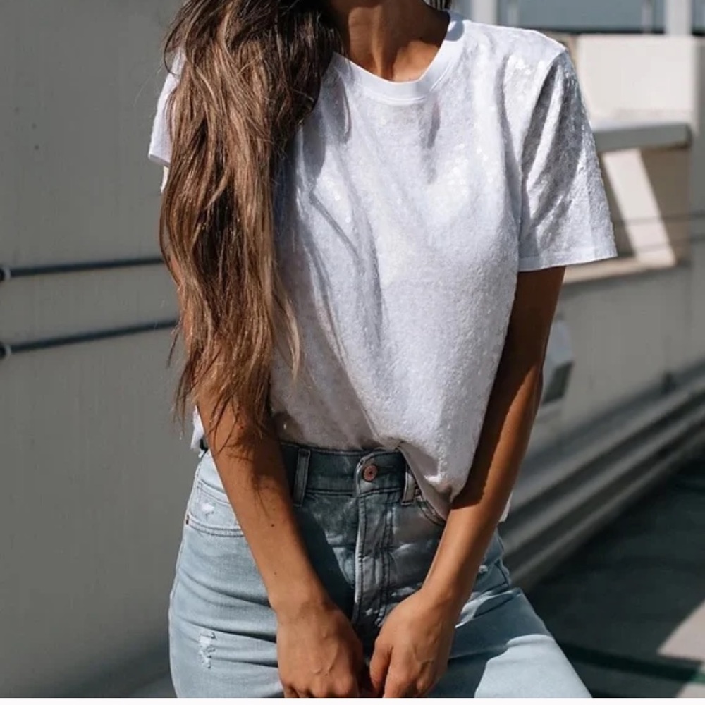 EXPRESS white sequins short sleeve t shirt